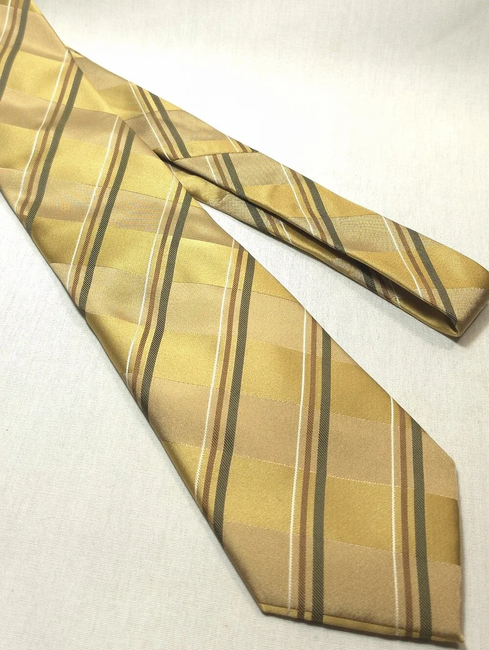 Geoffrey Beene Gold Cream Plaid Men's Tie with Green Stripes